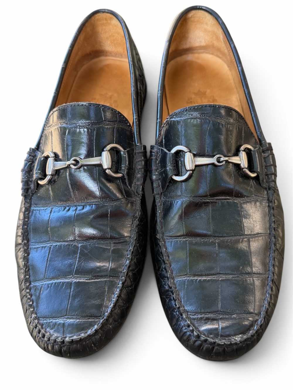 Peter Millar Crown Black Croc-Embossed HorseBit Loafers in Black Leather